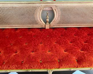 $850  French caned & painted settee with fun, funky cushion 31"h x 59" long x 19"d