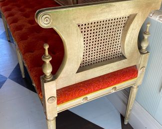 $850  French caned & painted settee with fun, funky cushion 31"h x 59" long x 19"d