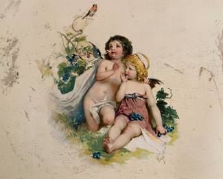 $225.00 Painted board with cherubic children                                  28"h x 26.5"w