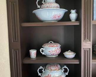 $450.00 7 pc. Dunn Bennett & Co. transferware wash set large pot 14"h x 15"w   pitcher 12"h 