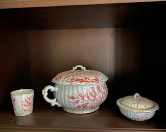 $450.00 7 pc. Dunn Bennett & Co. transferware wash set large pot 14"h x 15"w   pitcher 12"h 