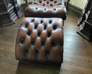  Tufted leather lounge chair & ottoman                               Chair: 33"h x 30.25"w x 35"d  ottoman: 13"h x 24"d
