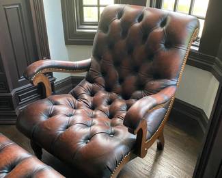  Tufted leather lounge chair & ottoman                               Chair: 33"h x 30.25"w x 35"d  ottoman: 13"h x 24"d