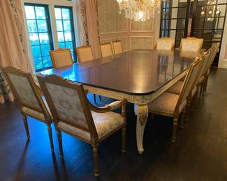 $12,000 ( Originally $44,000) Beautiful custom Louis XV-style dining with 12 custom giltwood chairs                         4 armchairs - 8 side chairs                                                                                  Table 31"h x 74"w x 119" long - plus four 15" leaves  