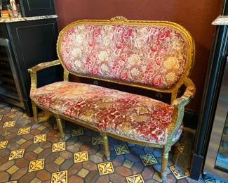 Now $750.00 - Was $850.00 Louis XVI style giltwood settee in sculpted chenille upholstery  41"h x 62"w x 25"d seat height 13" 