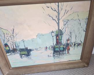 Rainy Scene signed RAMON lower right. Oil on Board 