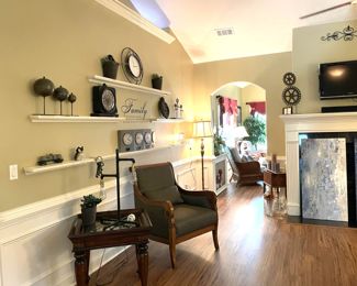 Unique all art, clocks, gears, large canvas art, mid-century armchiar, lamps, tv, television