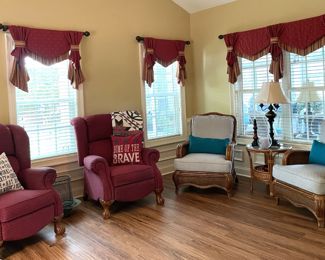 armchairs sets, burgundy armchairs, throw pillows, rattan armchair, living room set, rattan side table, lamps