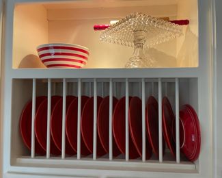 red tableware, serving dishes, square glass cake stand, wood rolling pin