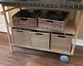 rattan style gray bar cart with straw basket storage