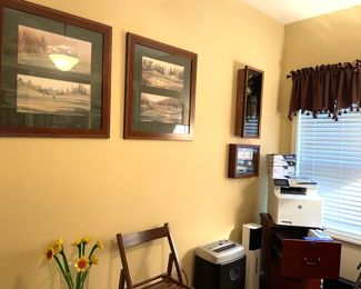 framed landscape wall art, shadow boxes, printer, shredder, wooden folding chair,