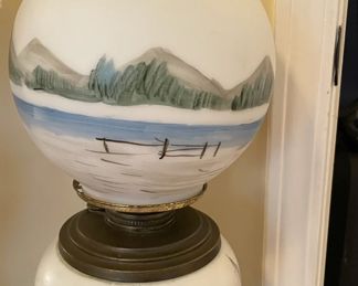 ceramic landscape hand-pained globe lamp, brass foot