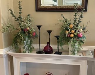 Candles, candle holders, silk flower arrangements, decorative mirrors
