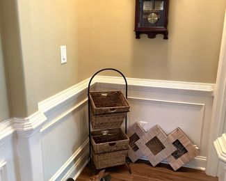 woven basket storage, wooden duck, decorative wall art, wall clock