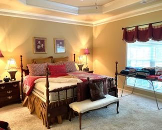 queen bed set, four-poster, bedside table, wall art, linens, clothing, bedsheets, comforter, antique white fabric bench