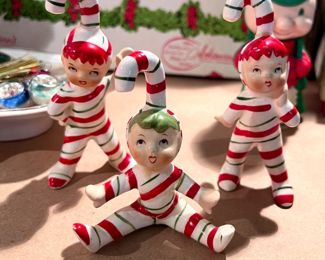Set of 3 Vtg. Lefton Candy Cane Strip Pixie - Pixie that is sitting down has been broken and reguled