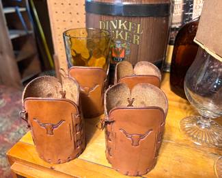 4 Leather western beer glass cozies w/Steer etched and laced leather