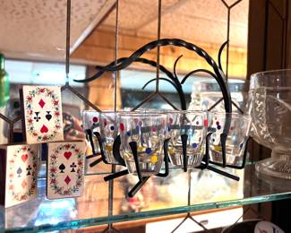 Vtg. bar glasses and caddy