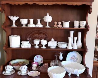 Maple hutch filled with Vtg. Milk glass