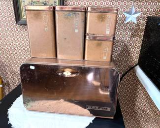 Vtg. Lincoln Beauty Ware bread box and Cannister Set - Copper Speckled