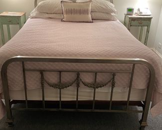 Vintage Metal Queen Bed Frame with Decorative Floral Garland Swags. Photo 1 of 4.