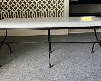 Antique Salterini-Style Wrought Iron Bench with White Vinyl Upholstered Cushion. Measures 42" x 15" x 18." Photo 1 of 2.