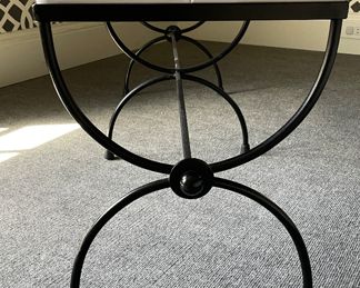 Antique Salterini-Style Wrought Iron Bench with White Vinyl Upholstered Cushion. Measures 42" x 15" x 18." Photo 2 of 3.