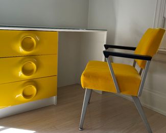 Mid-Century Desk with Sunburst Yellow Drawers & Circle Pulls. Shown with Sunflower Yellow Mid-Century Desk Chair. Desk Measures 48" W x 19" D. Photo 1 of 4.