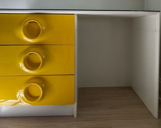 Mid-Century Desk with Sunburst Yellow Drawers & Circle Pulls. Shown with Sunflower Yellow Mid-Century Desk Chair. Desk Measures 48" W x 19" D. Photo 2 of 4.