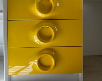 Mid-Century Desk with Sunburst Yellow Drawers & Circle Pulls. Shown with Sunflower Yellow Mid-Century Desk Chair. Desk Measures 48" W x 19" D. Photo 3 of 4.