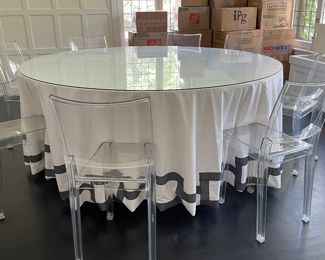 Custom Wood Pedestal Dining Table with 74" D Glass Topper. Comes with 2 Tables Clothes. Photo 1 of 2.