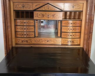 Antique Biedermeier Burl Wood Secretary with Black Leather Drop Leaf Top. Measures 42" W x 21" D x 65" H. Drop Front Extends And Additional 22". Photo 5 of 6.