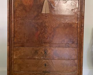 Antique Biedermeier Burl Wood Secretary with Black Leather Drop Leaf Top. Measures 42" W x 21" D x 65"H. Drop Front Extends An Additional 22". Photo 1 of 6.