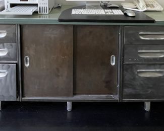 Mid-Century Metal Sliding 2-Door Credenza with 6 Drawers. Measures 70" W x 20" D x 29" H. Photo 1 of 6.