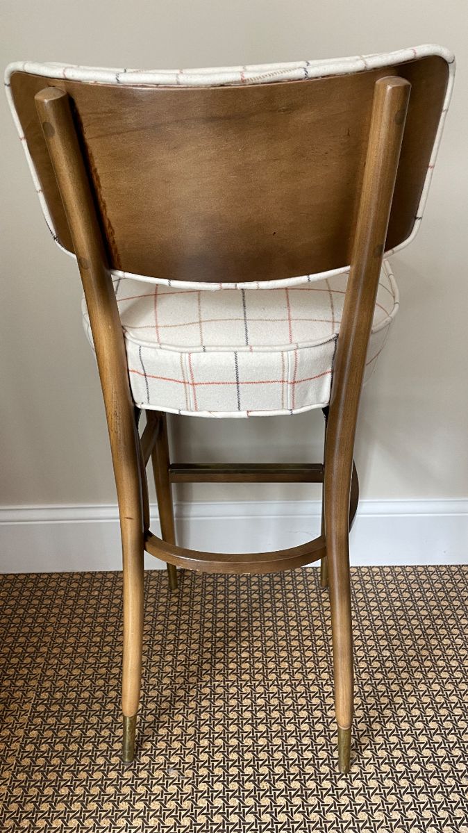 Set of 5 Mid-Century Bar Stools Upholstered in Plaid Fabric. Each Measures 17" x 17" with 32" Seat Height.  Photo 3 of 5. 