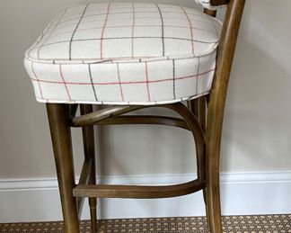Set of 5 Mid-Century Bar Stools Upholstered in Plaid Fabric. Each Measures 17" x 17" with 32" Seat Height. Photo 2 of 5.