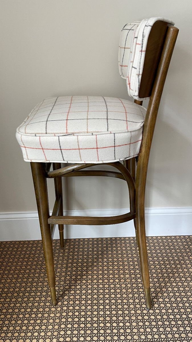 Set of 5 Mid-Century Bar Stools Upholstered in Plaid Fabric. Each Measures 17" x 17" with 32" Seat Height.  Photo 2 of 5. 