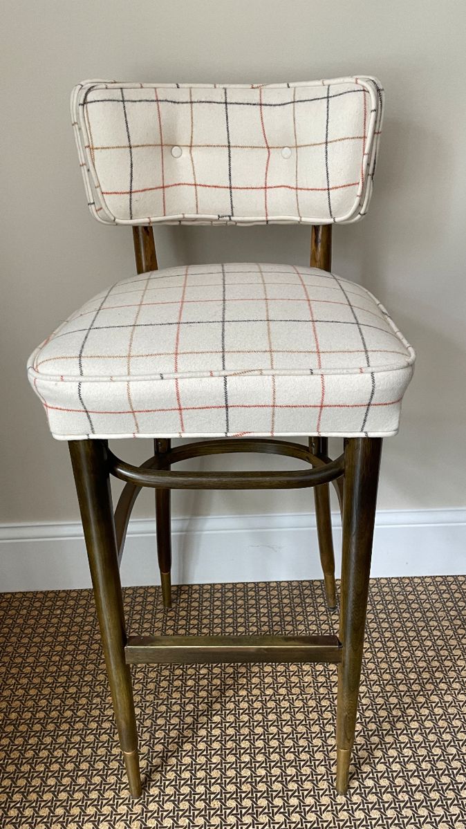 Set of 5 Mid-Century Bar Stools Upholstered in Plaid Fabric. Each Measures 17" x 17" with 32" Seat Height.  Photo 1 of 5. 