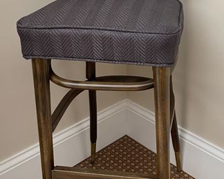 Set of 2 Mid-Century Bar Stools Upholstered in Dark Chevron Pattern Fabric. Each Measures 17" x 17" with 32" Seat Height. Photo 1 of 3.