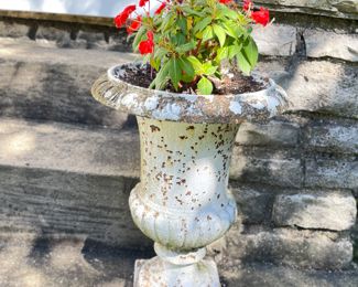 White Wash Cast Iron Planter - 2 Available. Each Measures 14" D x 18" H.