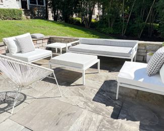 White Outdoor Seating Pieces with Woven Canvas Backs - Daybed, Side Chairs, Ottoman & Side Table. Photo 1 of 2.