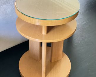 Mid-Century Round Oak Veneer Side Table with Glass Topper and Shelf - 2 Available. Each Measures 18" D x 26.5" H. Great As Is! But, Wouldn't These Be Fantastic Lacquered White or Canary Yellow? Ask Us For Resources! Photo 2 of 2.