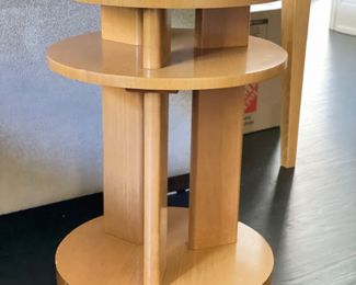 Mid-Century Round Oak Veneer Side Table with Glass Topper and Shelf - 2 Available. Each Measures 18" D x 26.5" H. Great As Is! But, Wouldn't These Be Fantastic Lacquered White or Canary Yellow? Ask Us For Resources! Photo 1 of 2.
