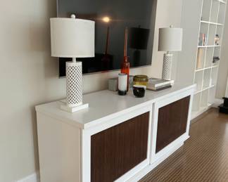 White Side Board / Media Cabinet. Shown with Pair of Lattice Column Table Lamps.