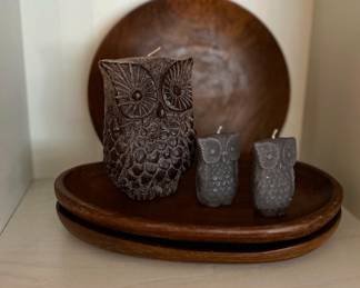 Owl Candles Pictured with Wood Plates.