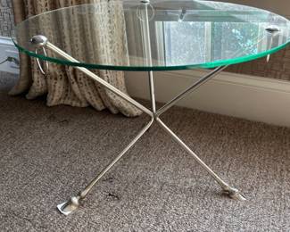 Glass-Tip "Polished Nickel" Finish Pedestal Table with Hoof Feet. Photo 1 of 2.