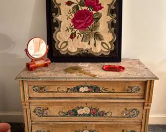 Antique Hand-Stenciled Oak Three-Drawer Chest of Drawers. Shown with Mid-Century Vanity Set.