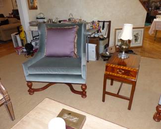 Pair of chairs, small inlaid chest