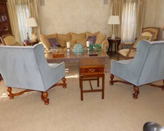 Pair of chairs, small inlaid chest