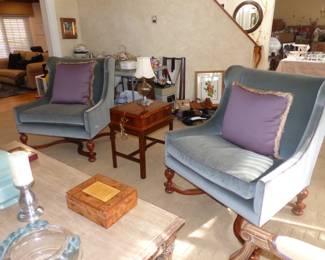 Pair of chairs, small inlaid chest